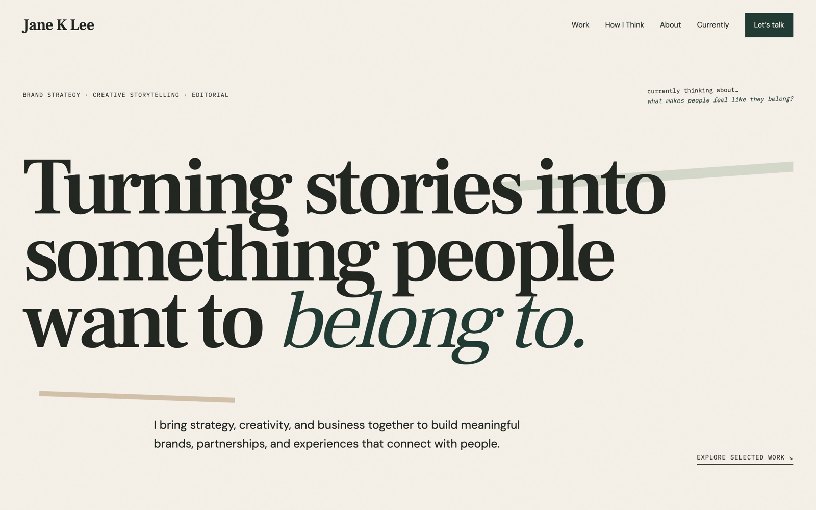 janeklee.com opening screen: the name and a small descriptor line in the header, above a large serif statement reading Turning stories into something people want to belong to.
